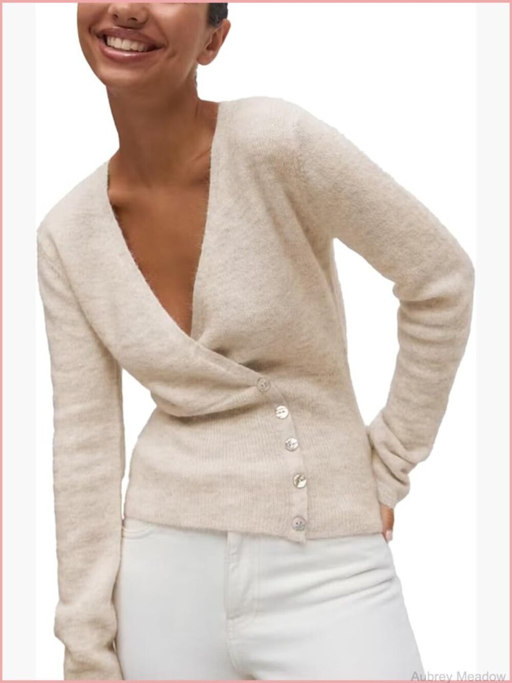 V Neck Wrap Sweater Pullover Long Sleeve Side Button Slim Fit Crop Knit